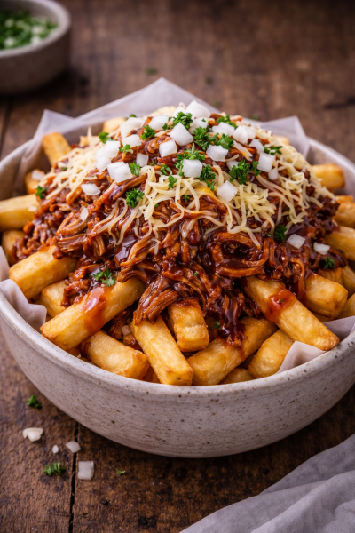 Obrázok jedla Hranolky s trhaným bravčovým mäsom BBQ